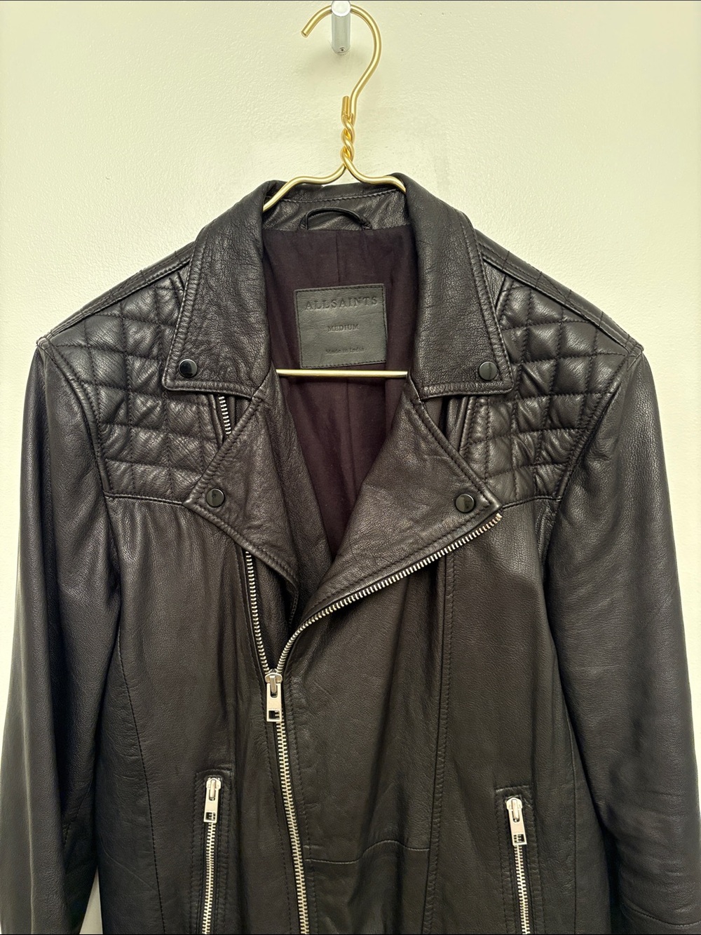 All Saints Black Quilted-Shoulder Leather Moto Jacket